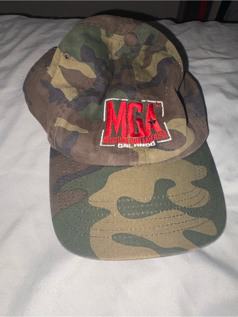 MGA Olive Camo Baseball Cap with Red Logo